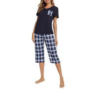 iClosam Pyjama Femme Été en Coton Ensemble de Pyjama Court à Carreaux VêTements de Nuit à Manche Courte Tenue de Nuit 2 Pièces avec T-Shirt et Pantalon Capri