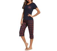 iClosam Pyjama Femme Été en Coton Ensemble de Pyjama Court à Carreaux VêTements de Nuit à Manche Courte Tenue de Nuit 2 Pièces avec T-Shirt et Pantalon Capri