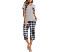 iClosam Pyjama Femme Été en Coton Ensemble de Pyjama Court à Carreaux VêTements de Nuit à Manche Courte Tenue de Nuit 2 Pièces avec T-Shirt et Pantalon Capri