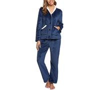 iClosam Pyjama Femme Hiver à Manches Longues Ensemble de Pyjama en Flanelle Pyjama Polaire Col V avec 2 Poches Vêtements de Nuit Chaud Confortable