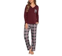 iClosam Pyjama Hiver Chaud Femme Ensemble de Pyjamas 2 Pièces Coton Vêtements de Nuit col V Confortable avec Haut Manche Longue et Bas à Carreaux