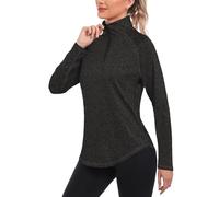 iClosam T-Shirt Femme Sport Manche Longue, Tee Shirt de Yoga Fitness, Haut de Sport, Chemise de Course 1/4 Zip Séchage Rapide Respirant Noir-3XL