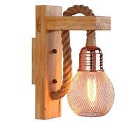 Icole Applique murale vintage en bois massif - Style rétro industriel - Corde de chanvre - Lampe murale rustique Éclairage d'intérieur - Abat-jour en métal - E27 - Marron rouge