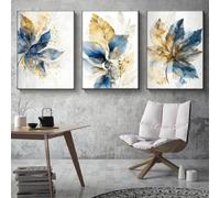 ICOMPY Affiche et impressions de feuilles bleues jaunes fraîches abstraites, peinture sur toile, images d'art mural pour salon, décoration d'intérieur, 10x12 pouces (25x30cm) x3 sans cadre