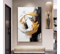 ICOMPY Peinture abstraite contemporaine sur toile - Tourbillon dynamique doré et blanc avec fond noir - Grand art mural moderne 60 x 80 cm sans cadre
