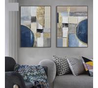 ICOMPY Toile de peinture abstraite moderne avec lignes bleues et dorées, affiche d'art mural pour salon, décoration nordique, 24x36 pouces (60x90cm) x2 sans cadre