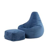 Icon Dalton Pouf Velours Côtelé avec Tabouret, Pouf Poire avec Remplissage, Fauteuil Salon Confortable, Fauteuil Chambre, Meuble Salon, Decoration Chambre, Bleu Jeans