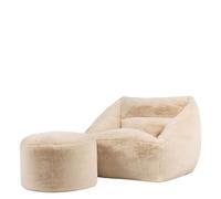 Icon Natalia Fauteuil Pouf avec Tabouret, Lapin Fausse Fourrure, Gros Pouf avec Remplissage, Fauteuil Salon Confortable, 1 Place, Chaise Chambre, Meuble Salon, Beige