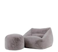 Icon Natalia Fauteuil Pouf avec Tabouret, Lapin Fausse Fourrure, Gros Pouf avec Remplissage, Fauteuil Salon Confortable, 1 Place, Chaise Chambre, Meuble Salon, Gris