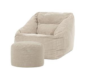 Icon Natalia Fauteuil Pouf Velours Côtelé avec Rond Tabouret, Gros Pouf avec Remplissage, Fauteuil Salon Confortable, 1 Place, Chaise Chambre, Meuble Salon, Beige