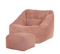 Icon Natalia Fauteuil Pouf Velours Côtelé avec Tabouret, Gros Pouf avec Remplissage, Fauteuil Salon Confortable, 1 Place, Chaise Chambre, Meuble Salon, Aube Rose