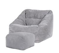 Icon Natalia Fauteuil Pouf Velours Côtelé avec Tabouret, Gros Pouf avec Remplissage, Fauteuil Salon Confortable, 1 Place, Chaise Chambre, Meuble Salon, Gris
