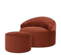 Icon Orb Fauteuil Pouf Velours avec Tabouret, Pouf Chambre avec Remplissage, Fauteuil Salon Confortable, 1 Place, Chaise Chambre, Meuble Salon, Rouge