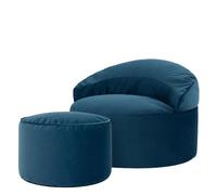 Icon Orb Fauteuil Pouf Velours avec Tabouret, Pouf Chambre avec Remplissage, Fauteuil Salon Confortable, 1 Place, Chaise Chambre, Meuble Salon, Bleu