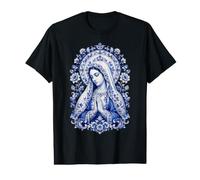 Icône de dévotion catholique ornée de Fleurs Bleues de la Vierge Marie T-Shirt Graphique avec Valeur