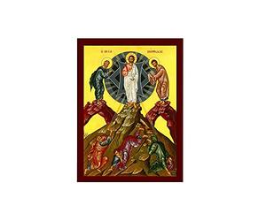 Icône de la métamorphose Jésus Christ - Icône grecque orthodoxe de la transfiguration - Art byzantin - Plaque en bois à suspendre - Cadeau religieux - Rouge, or, vert, marron