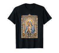 Icône de prière de la Vierge Marie Ornée Bleu Art catholique Sacré T-Shirt Graphique avec Valeur