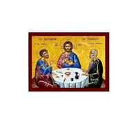 Icône du souper à Emmaüs, icône grecque orthodoxe faite à la main de Jésus-Christ, St Cléopas, apôtre Luc, art byzantin, décoration murale en bois 35 x 45 cm
