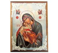 Icône grecque orthodoxe chrétienne en bois de la Vierge Marie « Glykofilousa » - Fait main - Icône religieuse AM30 - 15 x 11 cm