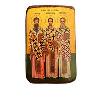 Icône grecque orthodoxe chrétienne en bois des trois hiérarques - Saint Basilic, Saint Grégoire et Saint Jean - Icône religieuse en bois faite à la main - 9 x 7 cm / A0