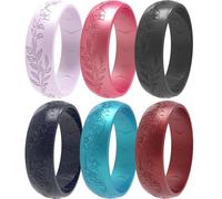 icooci Lot de 2/4/6 bagues en silicone pour femme - Doux et élégant avec motif floral gravé au laser - Respirant, confortable - Alliances et bagues de fiançailles en caoutchouc léger et empilables