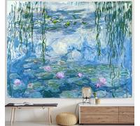 IcosaMro Lotus Tapisserie murale à suspendre Monet Fleurs de nénuphars Décoration murale avec bords ourlés Couverture murale Décoration d'intérieur pour chambre à coucher, dortoir, bleu, 130 x 152 cm