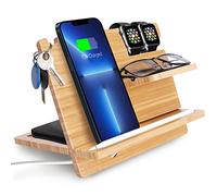 iCozzier Support de station d'accueil en bambou, support de téléphone, porte-monnaie, support de montre, table de chevet, organisateur de bureau pour Apple Watch, crayon, portefeuille, clés, lunettes