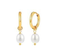 ICRUSH Modern Pearl Boucles d'oreilles créoles élégantes pendantes | Boucles d'oreilles en perles pour femme en acier inoxydable plaqué or jaune 18 carats, créoles de 14 mm avec perle d'eau