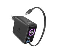 ICY Box Club Charger IB-PS1002 Chargeur Rapide USB-C GaN avec écran, 2 Ports USB-C + USB-A Multi-Ports, câble USB-C rétractable intégré de 70 cm, Bloc d'alimentation Power Delivery, IB-PS1002