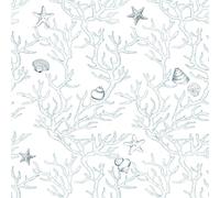 ICYEHAO Papier Peint Bleu et Blanc,44 x 500cm Papier Peint Marin Corail étoile de Mer Algues Buccins Papier Autocollant pour Meuble,Chambre,Salon,Cuisine,Salle de Bain,Toilette