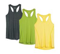 icyzone Débardeur de Sport Femme Dos Nageur Yoga Shirt sans Manches Running Fitness Tank Top, Lot de 3 (XXL, Bleu Noir/Vert d'herbe/Jaune/)