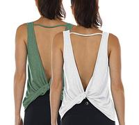 icyzone Débardeur de Sport Femme Dos Ouvert Fitness Yoga Tank Top Décontracté sans Manches Shirts, Lot de 2 (M, Blanc*/Vert*)