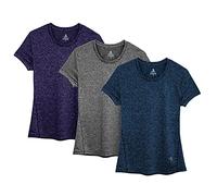 icyzone T-Shirt à Manches Courtes pour Femmes Haut de Sport, Fitness Running Tops, Lot de 3 (M, Bleu Marine/Violet Noir/Gris Anthracite)