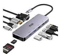 ICZI HUB USB C 11 en 1, Dock USB C vers HDMI 4K, VGA, 4*USB A Ports, 1*Type C PD 100W Port, SD/Micro SD, RJ45，AUX 3.5mm， Muti Ports Stations d'accueil pour PC Portable, Adaptateur Mac pour Le Bureau