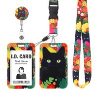 Id Badge Holder With Lanyard,Retractable Black Cat Floral Badge Holder With Spools Detachable Neck Lanyard For Keys Office School Hospital