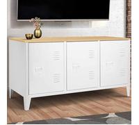 IDMarket - Buffet bas Ester 113 cm 3 portes métal blanc plateau bois design industriel