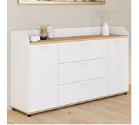 IDMarket - Buffet 140 cm JABA 4 Portes avec Rebord Blanc et Plateau Bois façon hêtre