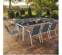 ID MARKET Ensemble table 190 cm fixe et 8 chaises chaises MADRID blanc et gris empilable