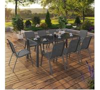 ID MARKET Ensemble table 190 cm fixe et 8 chaises chaises MADRID gris anthracite empilable
