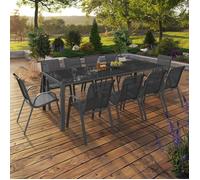 ID MARKET Ensemble table 240 cm fixe et 10 chaises chaises MADRID gris anthracite empilable