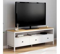 IDMarket Meuble TV ACHILLE 140 cm – 3 tiroirs – Blanc et plateau bois