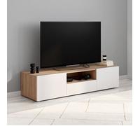 IDMarket – Meuble TV ELI 140 cm Bois façon hêtre Portes blanches