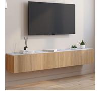 IDMarket Meuble TV Juliette 180 cm suspendu plateau effet marbre lattes tasseau bois coloris chêne