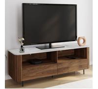 IDMarket – Meuble TV Marla 140 cm Noyer effet lattes, 2 tiroirs, plateau marbre Blanc Alaska