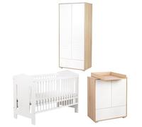 IDA Chambre bébé lit commode armoire Blanc 120x60 sans barrière | Lit évolutif avec sommier réglable sur 3 hauteurs. Commode avec plan à langer amovible et armoire à rangements modulables.