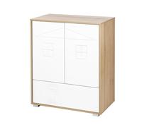 IDA Commode bébé bois 2 portes Blanc / Bois sans plan à langer | Un tiroir et 4 étagères réglables pour organiser les affaires de bébé. Ouverture par pression et fermeture douce des portes.