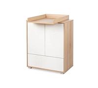 IDA Commode bébé bois 2 portes Blanc / Bois avec plan à langer amovible | Un tiroir et 4 étagères réglables pour organiser les affaires de bébé. Ouverture par pression et fermeture douce des portes.