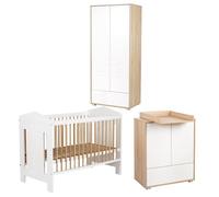 IDA Chambre bébé lit commode armoire Blanc / Bois 120x60 sans barrière | Lit évolutif avec sommier réglable sur 3 hauteurs. Commode avec plan à langer amovible et armoire à rangements modulables.