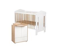 IDA Ensemble Lit bébé évolutif et commode 120x60 avec barrière Blanc / Bois | Plan à langer amovible, 4 étagères réglables et tiroir. Sommier ajustable sur 3 hauteurs avec 3 barreaux amovibles.