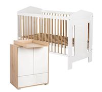 IDA Ensemble Lit bébé évolutif et commode 120x60 sans barrière Blanc / Bois | Plan à langer amovible, 4 étagères réglables et tiroir. Sommier ajustable sur 3 hauteurs avec 3 barreaux amovibles.